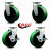 Service Caster 6 Inch Green Poly on Cast Iron Swivel Caster Set with Ball Bearings 2 Brakes SCC-20S620-PUB-GB-2-TLB-2